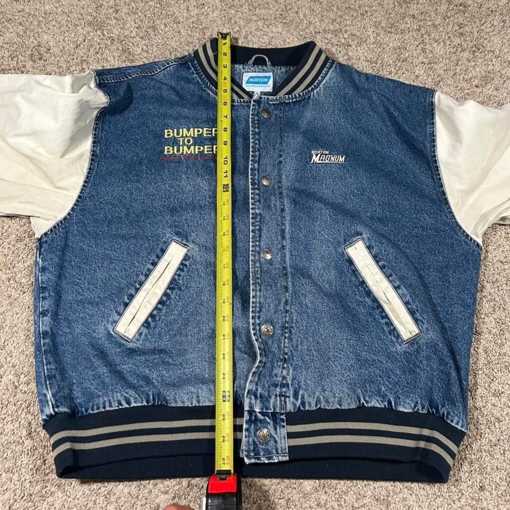 Vintage Norton Bomber Jacket Denim Varsity Style Patch‎ 90s Automotive Large - Picture 6 of 7
